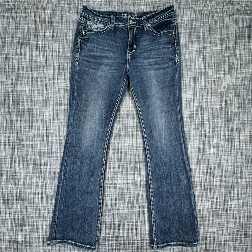 Grace in LA Women's Jeans Bootcut Blue 30 Embroidered Sequin Pockets Y2K Western